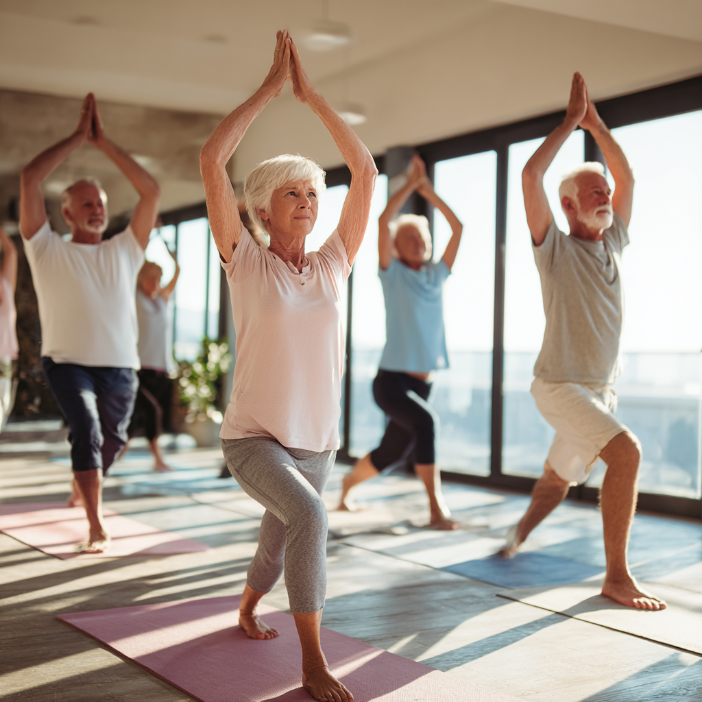 Group of senior adults practicing yoga together in welcoming studio space