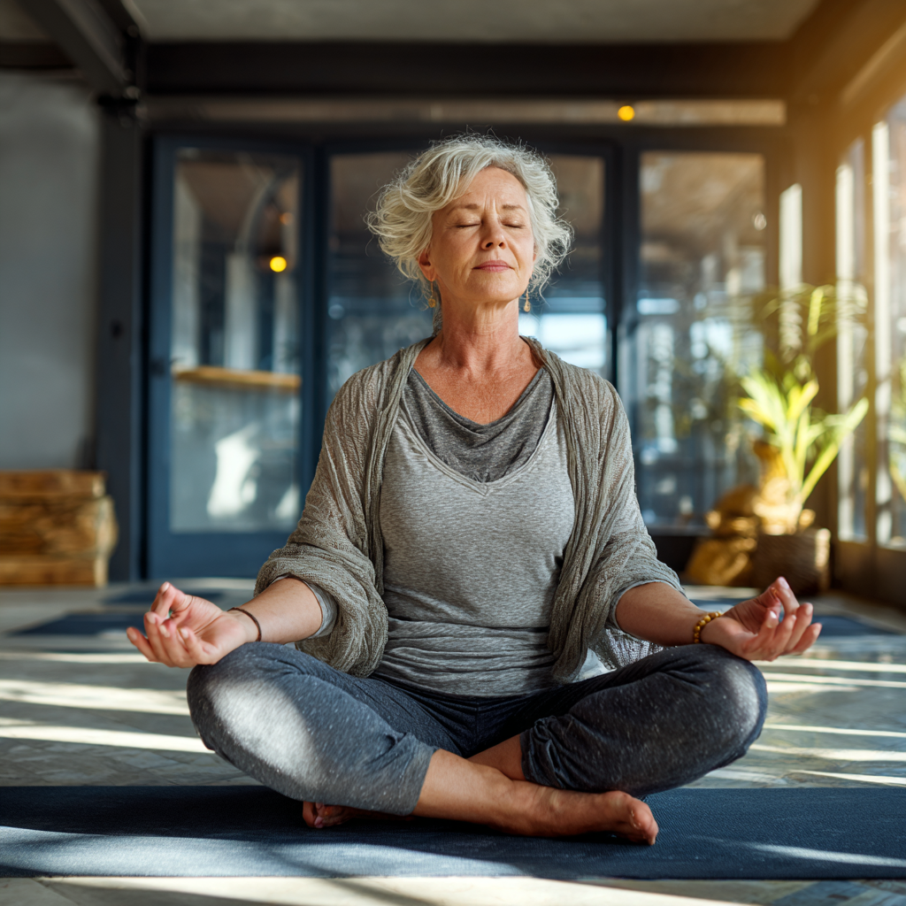 Mature woman practicing yoga poses in peaceful studio environment